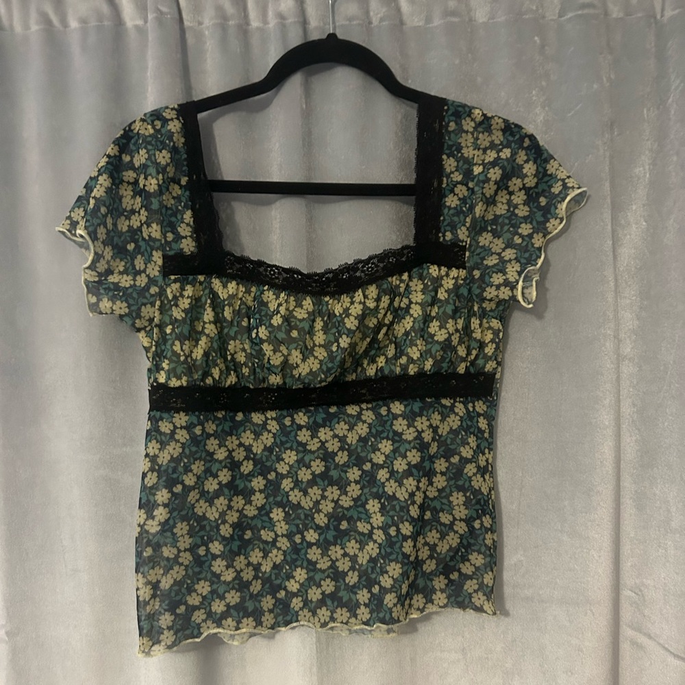 Square neck green and yellow floral shirt with black lace detail